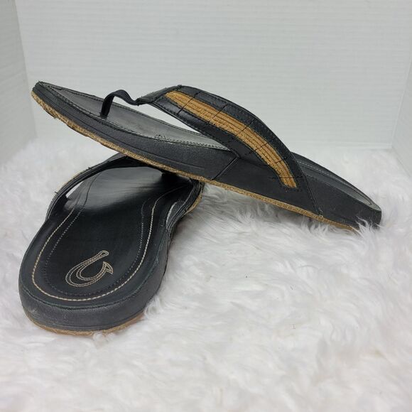 Olukai Kukui Men\'s Sandals Size 12 Black Leather Flip Flops Thongs Shoes main image 6